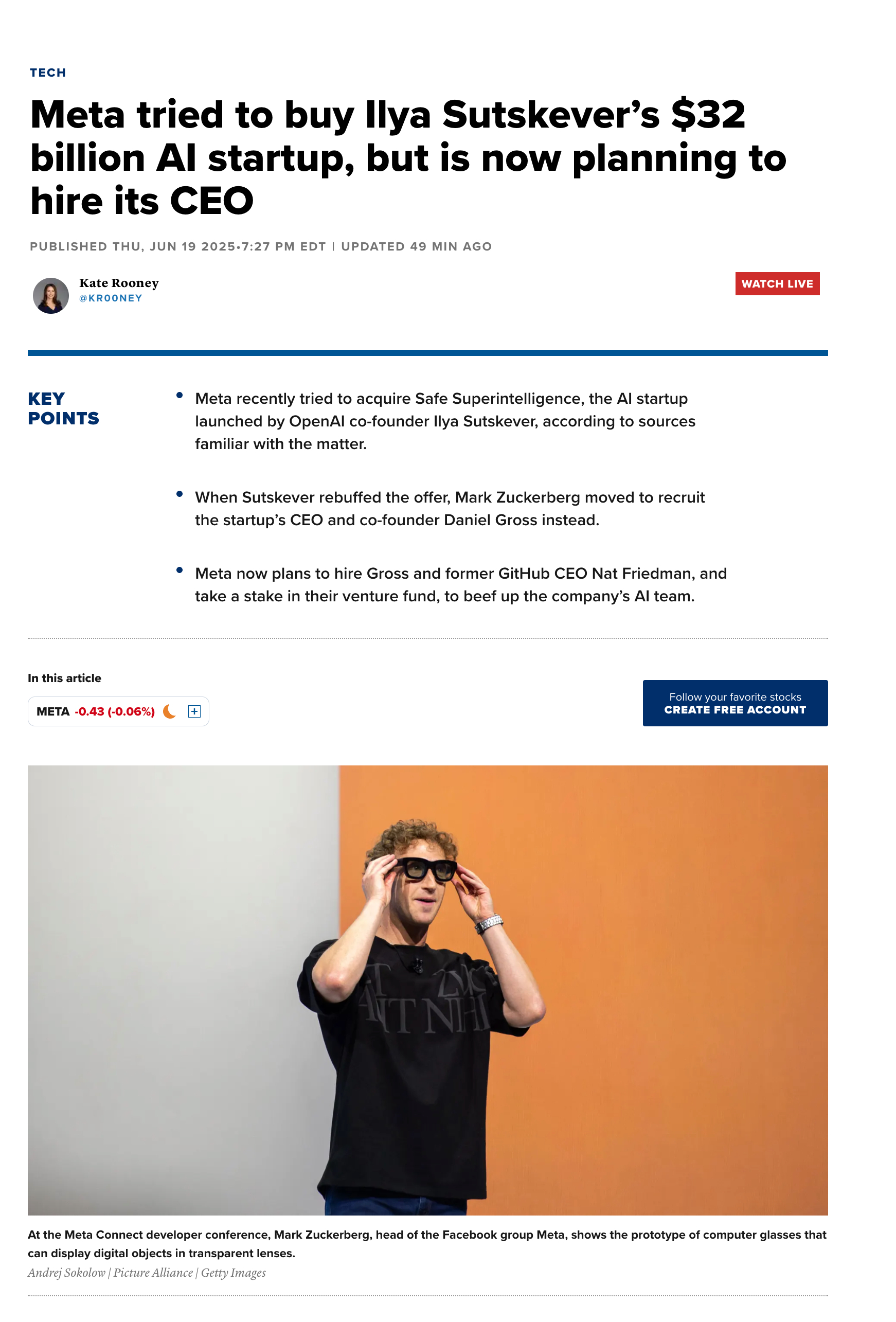 CNBC：Meta 今年早些时候曾试图收购 Ilya 估值 320 亿美元的 A