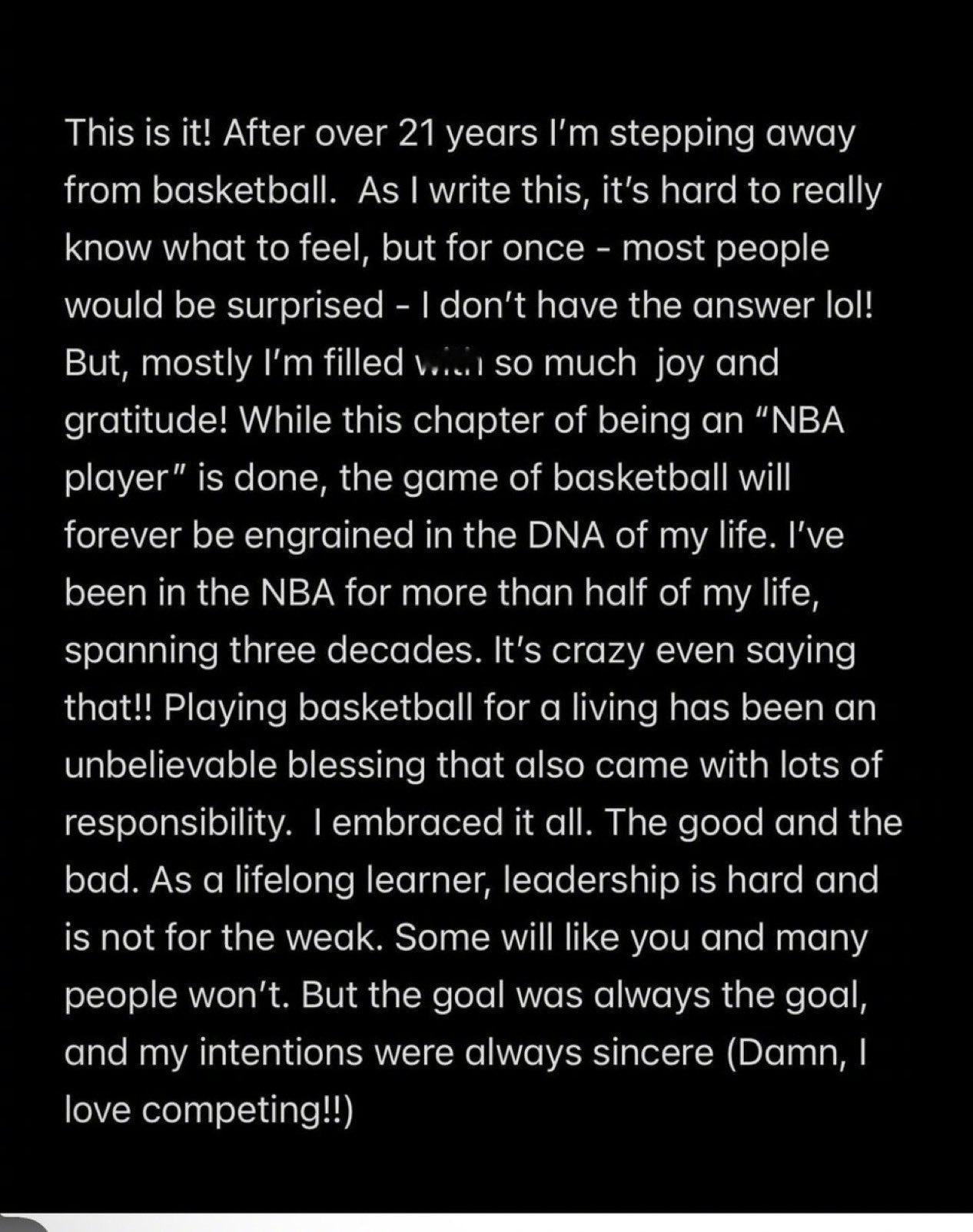 40岁NBA球星克里斯·保罗社媒自宣退役，结束21年NBA生涯，此前他刚刚被猛龙