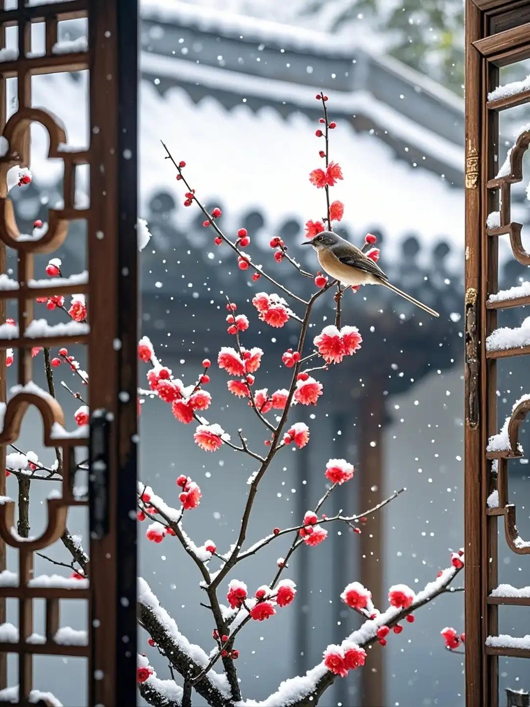 上联：独酒梅窗闻雪落，
下联：共赏竹径观云起，
下联：同游兰苑听风吟。