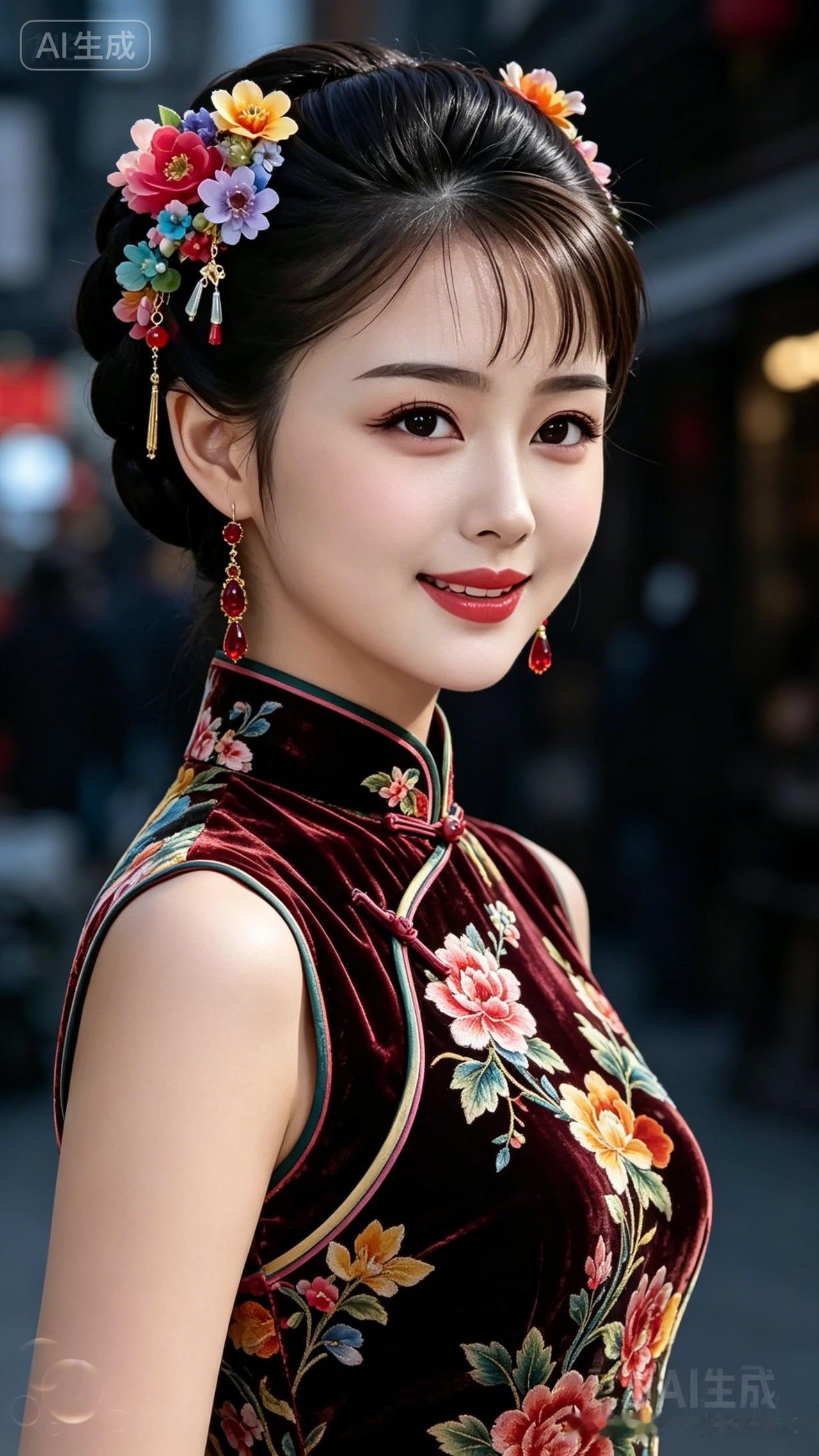 绝世红颜黑发精致盘起，红宝石耳坠华贵夺目，身着花卉刺绣真丝绒无袖旗袍，身姿饱满玲