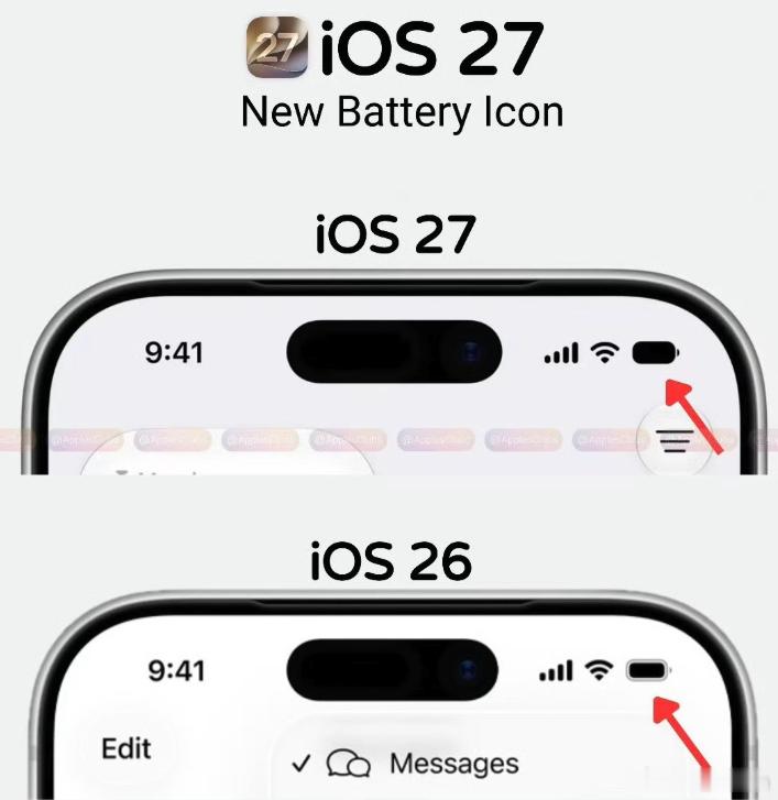 iOS27电池图标 丑  这不是很清晰简洁吗？我觉得还好[流鼻血][流鼻血] ​