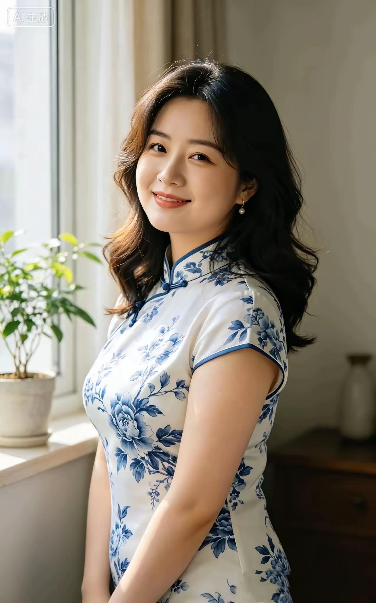 这位女士穿着旗袍，站在窗边微笑。