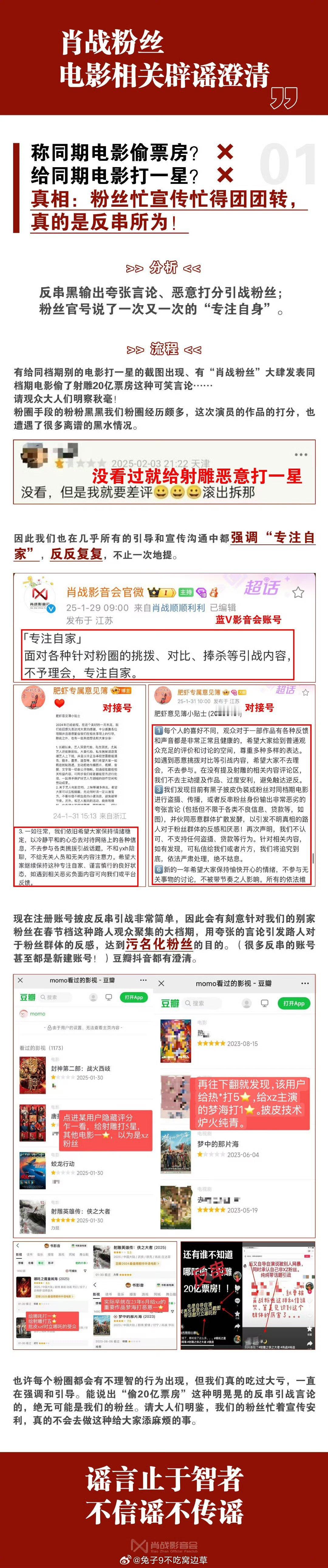 肖战粉丝后援会昨天发文辟谣电影相关澄清，王一博粉丝方晚上也发文辟谣并开启不限圈抽