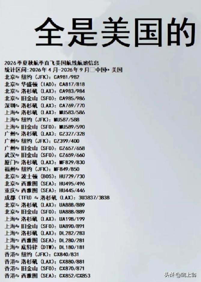 今年赴美航班一览表
虽然赴美航班看起来很多，但是比起疫情，之前已经减少了不少。很