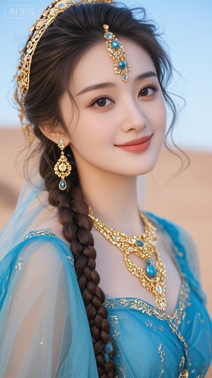 西域年轻女子侧坐沙丘，深棕麻花辫缀金饰珍珠，蓝纱面帘半遮浓丽妆容。蓝纱长裙配金腰