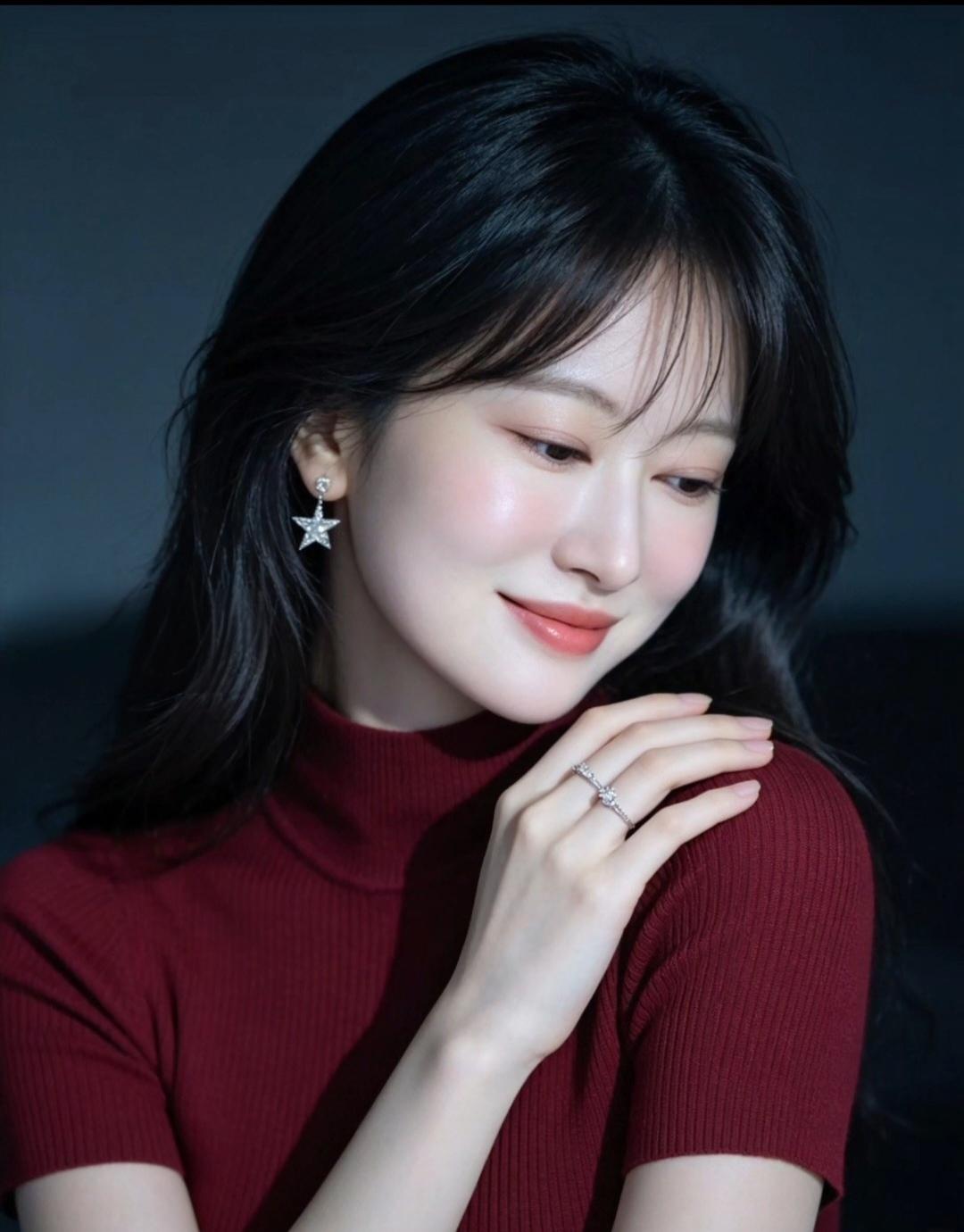 这位美女穿着红色高领衫，微笑着看向一侧。
