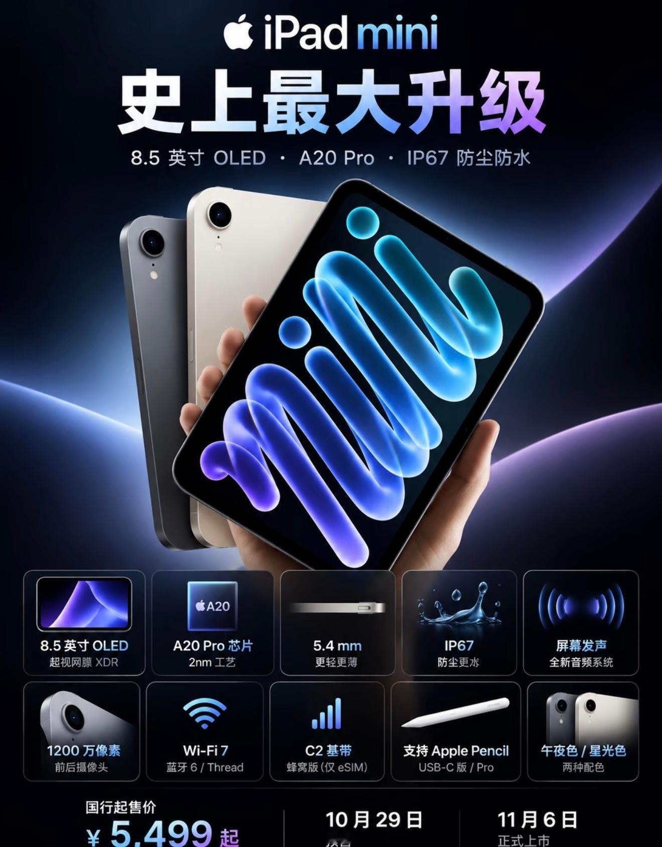 iPad mini8正式发布！换上8.5英寸OLED屏、搭载A20Pro芯片，薄