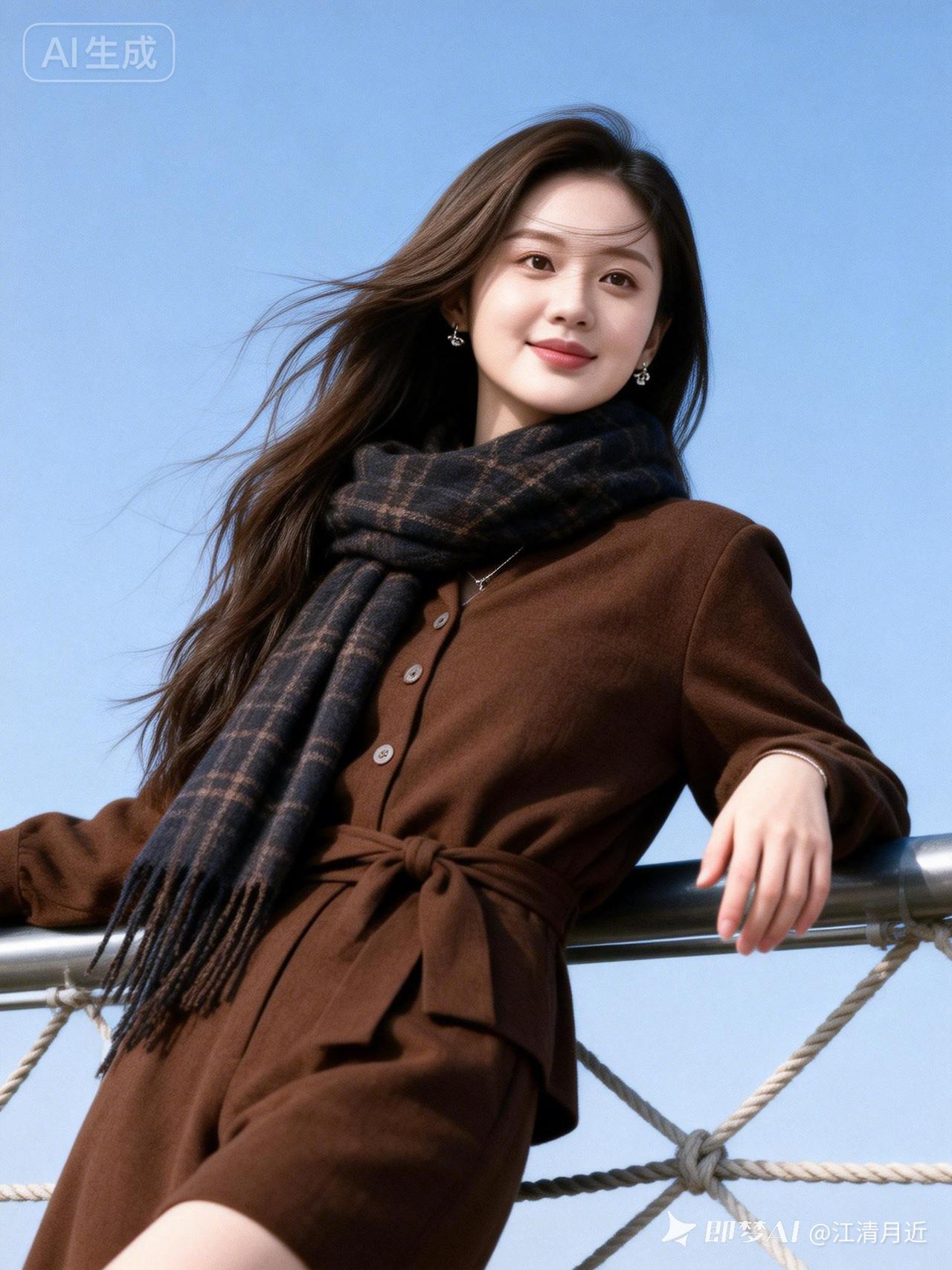 美少女冷白皮陶瓷肌，棕色长发随风凌乱飘拂，身着棕色纽扣套装搭格纹围巾。倚金属栏杆