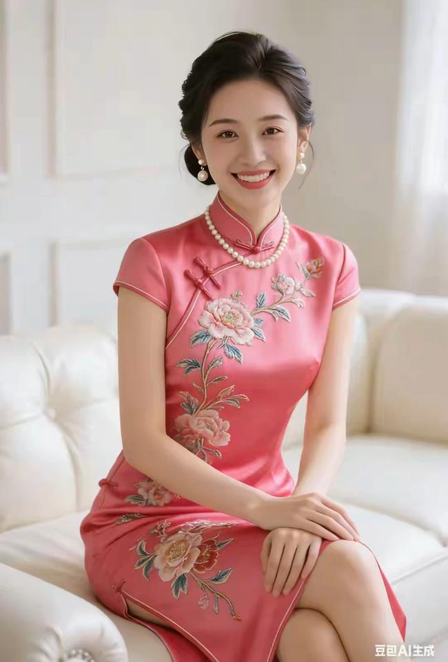 嫣然一笑百媚生，
恰似春风拂柳轻。
眉似春山寒远黛，
谋若秋水映繁星。
粉色旗袍