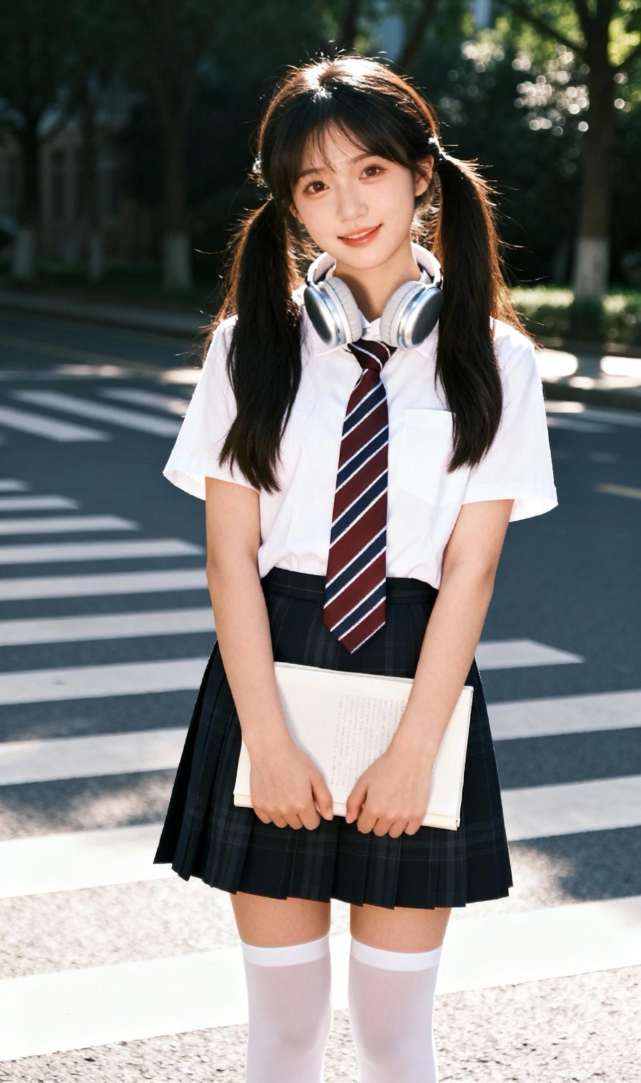 青春洋溢的校园少女，背着书包，戴着耳机，走在斑马线上。少女的笑容 清新口罩少女 