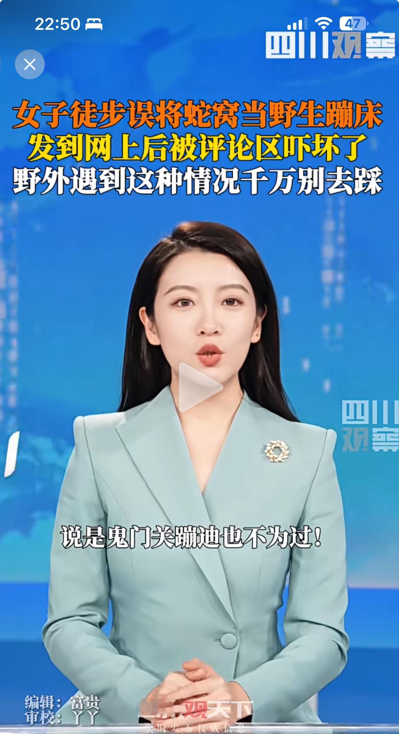 这女人误踩蛇精老窝，差点出大事。

江西女子和朋友一起进山玩耍，看到松松软软的枯