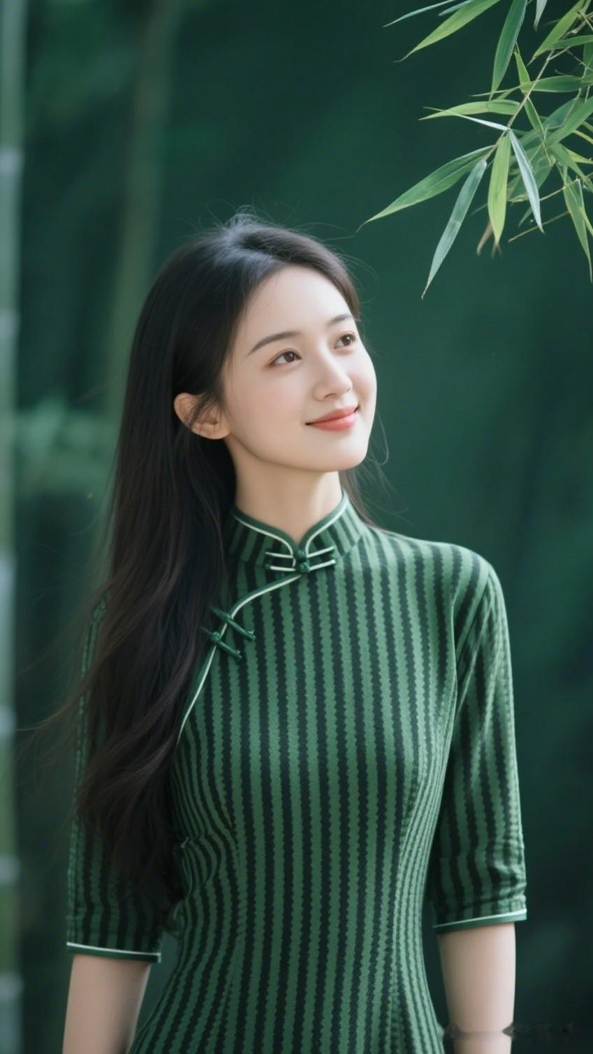 清新脱俗的绿条纹旗袍，自然中的优雅之美
