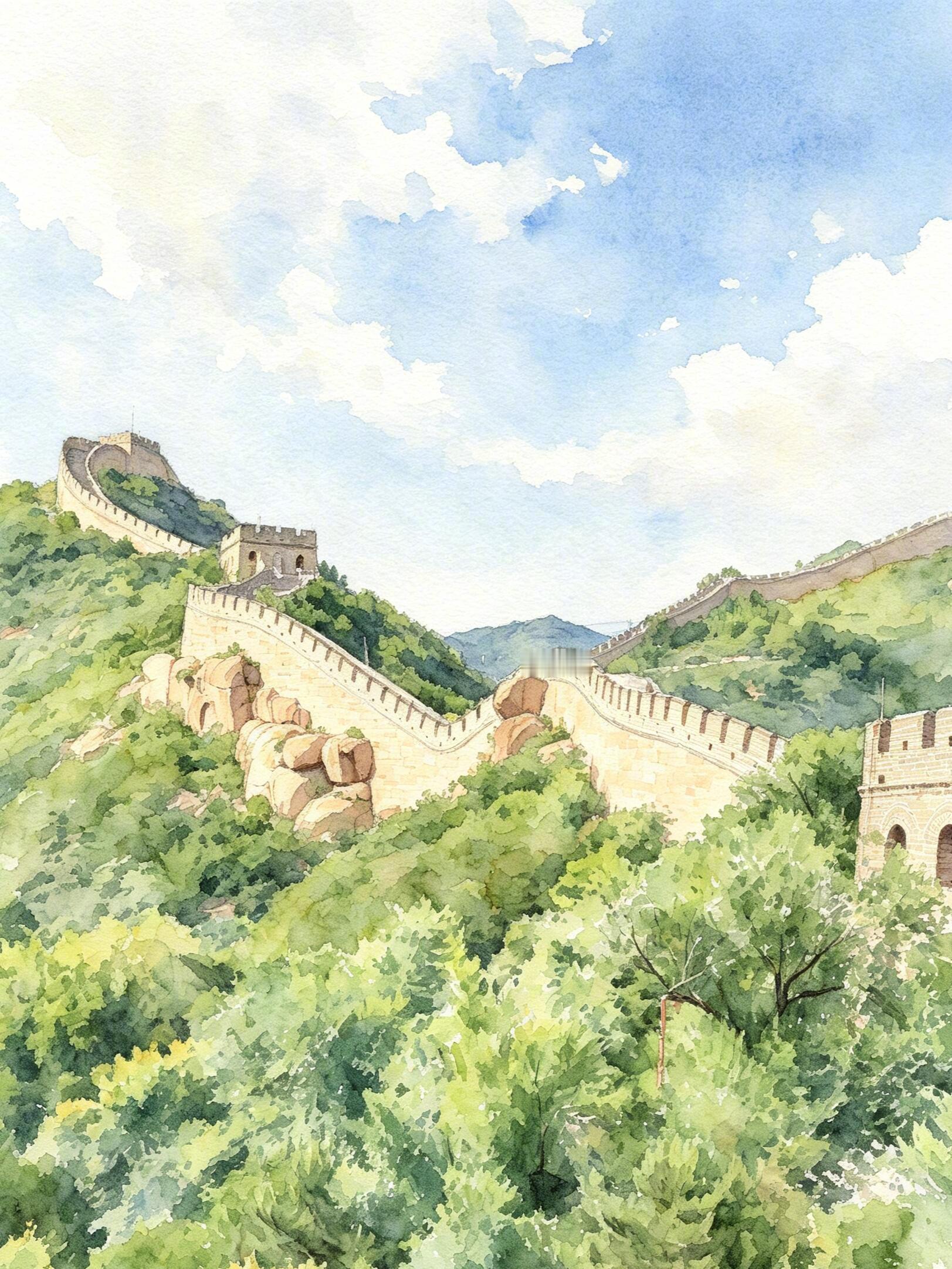水彩风的八达岭长城 ​​​