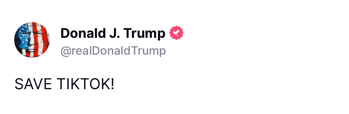特朗普刚刚就TikTok在美国停止运营事件作出明确表态。他说：拯救TikTok！