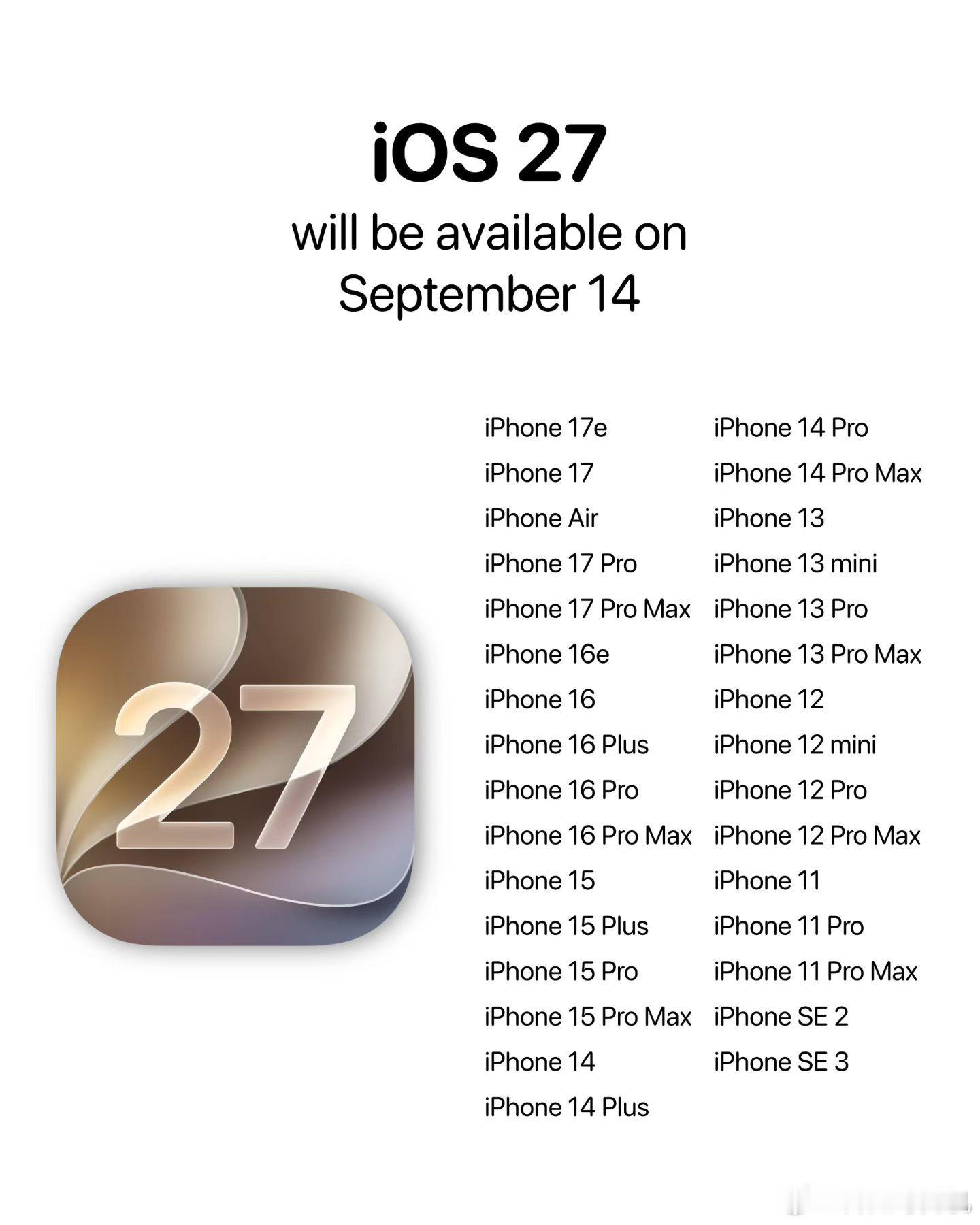 苹果iOS27支持更新机型一览，iPhone SE2迎来最后一战手机[超话] ​