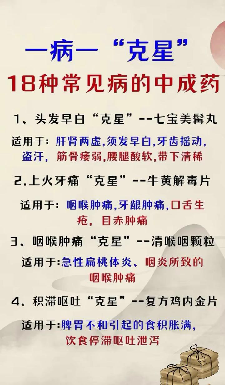 一病一"克星"，18种常见病的中成药。
·1、头发早白"克星"--七宝美髯丸。适