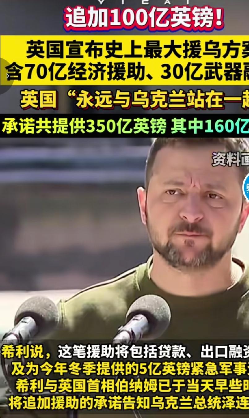 英国永远站在乌克兰一边，追加100亿英镑援助方案，其中有70亿英镑是经济援助，有