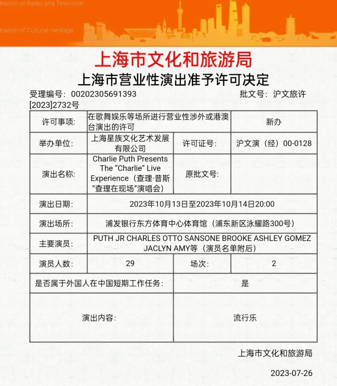 断眉Charlie Puth演唱会过审！获准在内地举办，地点是上海东方体育中心体