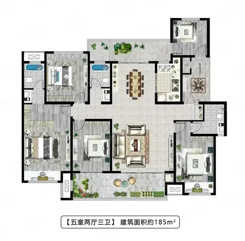 这是一套能装下所有温柔与妥帖的房子。186.31平的空间，五室三卫，把生活的边界