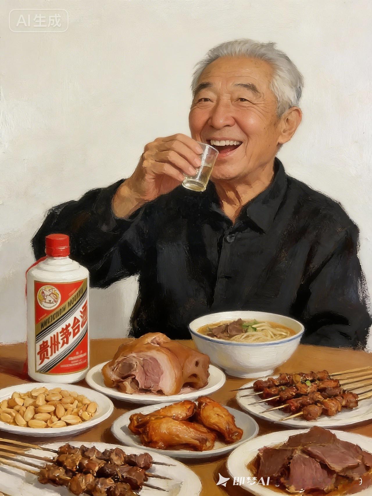 老爷爷笑得真开心，喝着小酒。