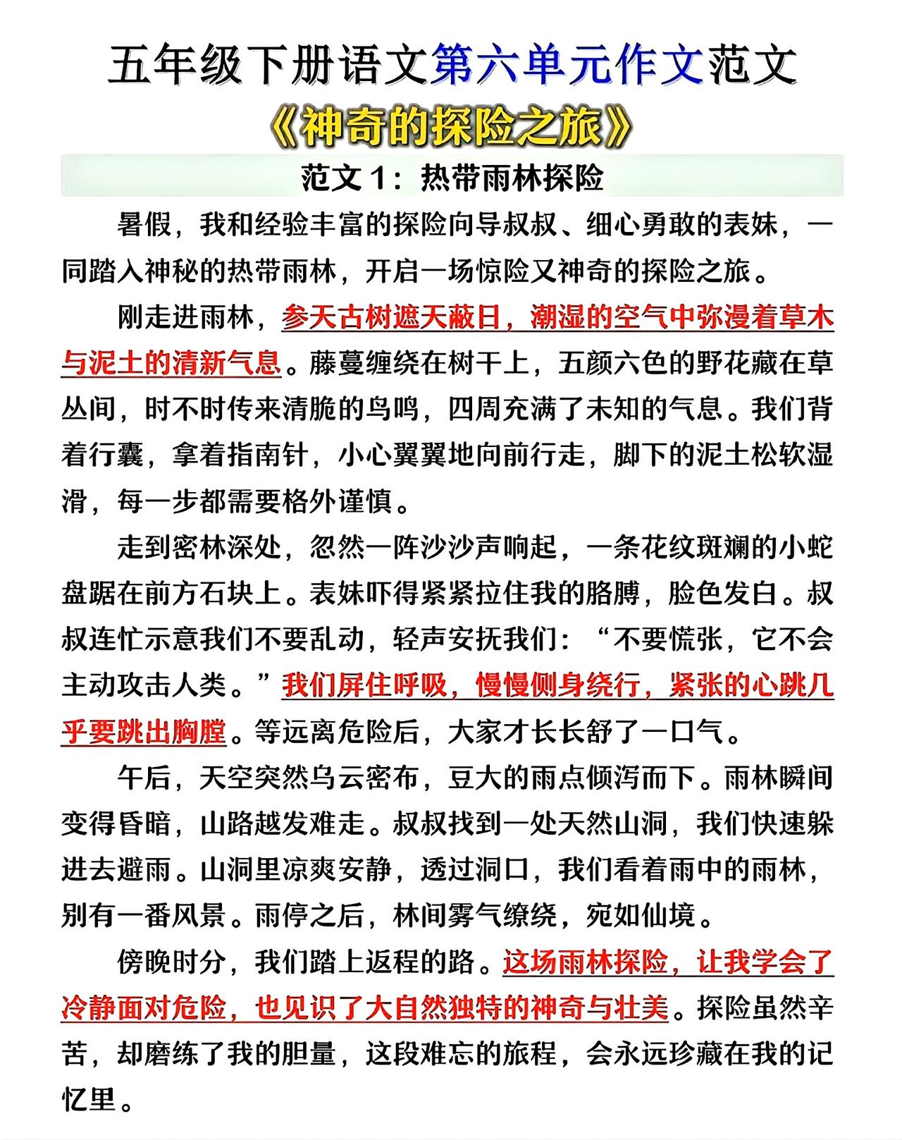 五年级下册语文，第六单元作文《神奇的探险之旅》精选范文6篇，收藏备用五年级语文