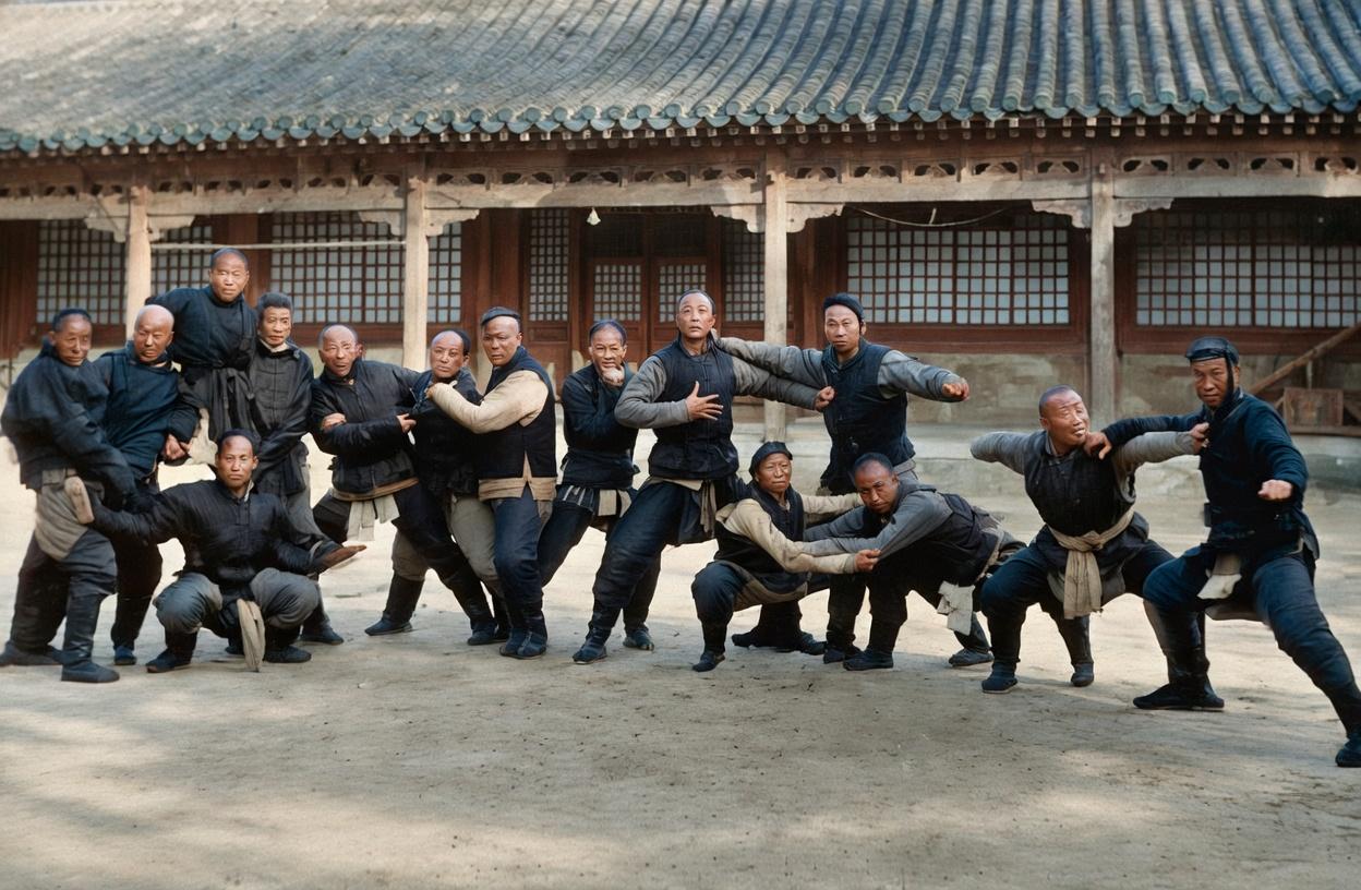 晚清，善扑营（皇家摔跤队）成员的训练合影，所有人摆出传统摔跤、拳术的实战攻防架势