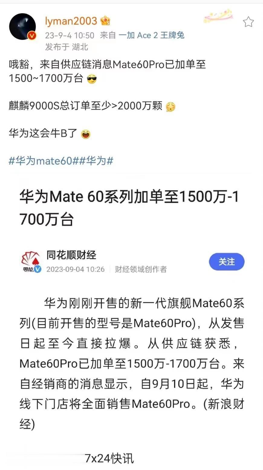 来自供应链消息华子Mate60Pro已加单至1500~1700万台，这下9000