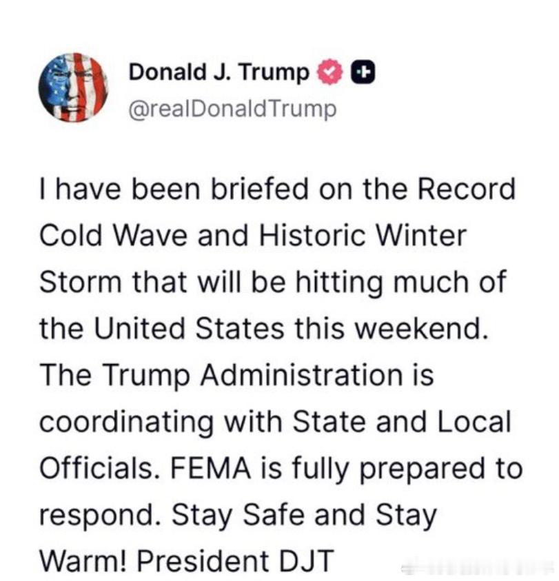 【黄金时代】川普表示正集中精力应对破纪录寒潮：川普：“我已听取了有关本周末将袭击