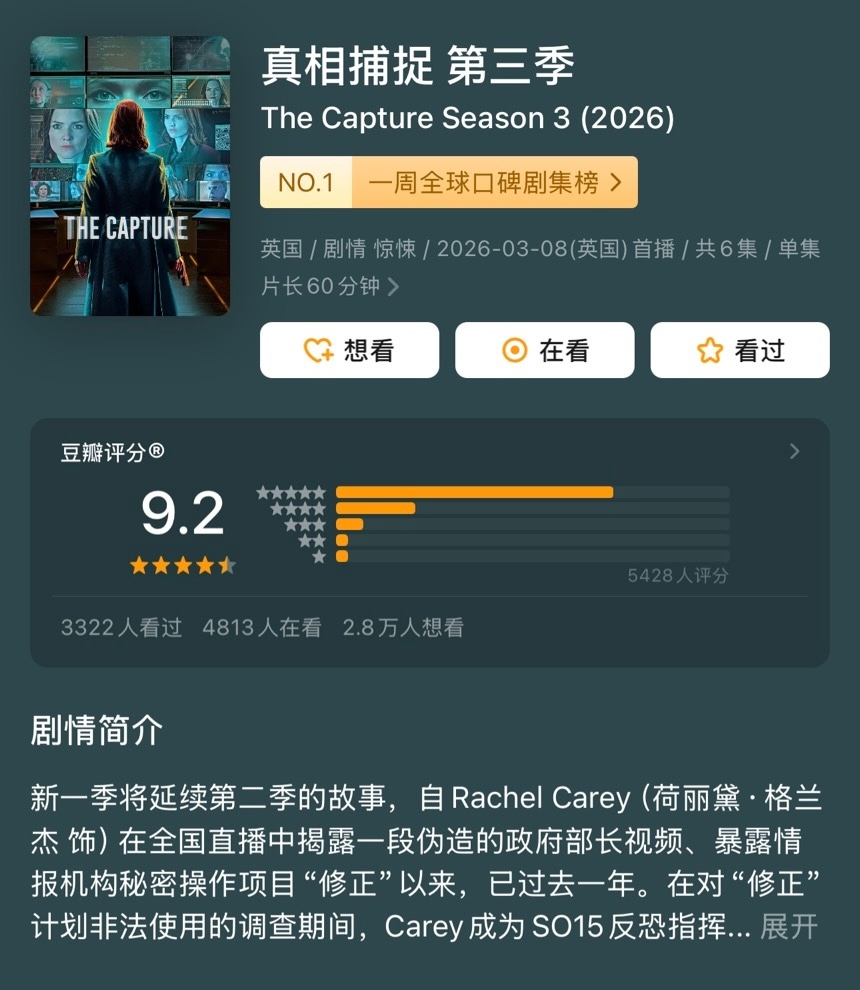 “剧版斯内普”帕帕·厄西度主演的英剧《真相捕捉》第三季正在热播，延续了前两季的高