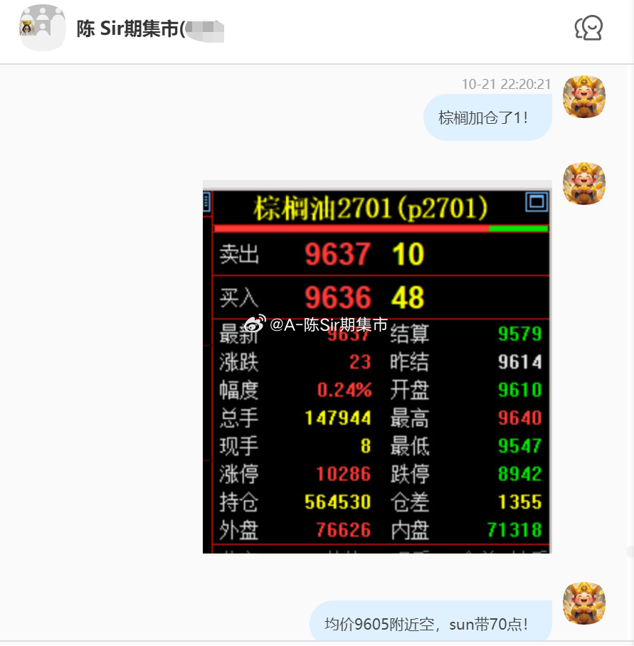 2026/10/22第三单【2701棕榈油】棕榈油完成85点！我们在9610附近