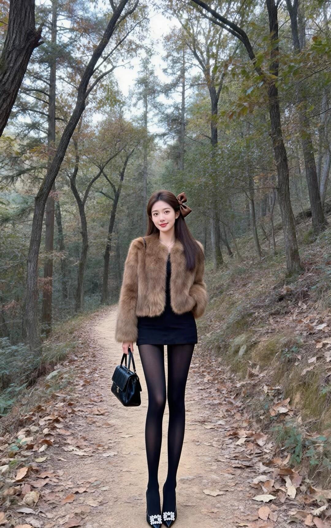 秋日森林中的时尚穿搭，毛绒外套与黑色连衣裙的完美搭配，尽显优雅与自然之美。