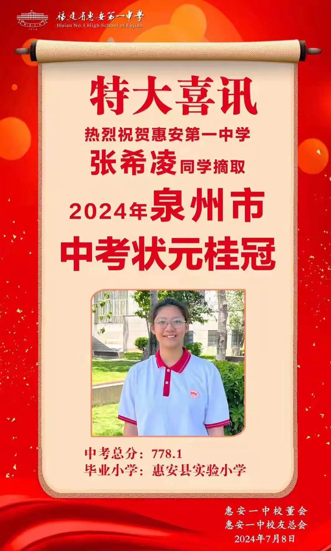 特大喜讯
热烈祝贺惠安第一由学张希凌同学摘取2024年泉州市中考状元桂冠
中考总