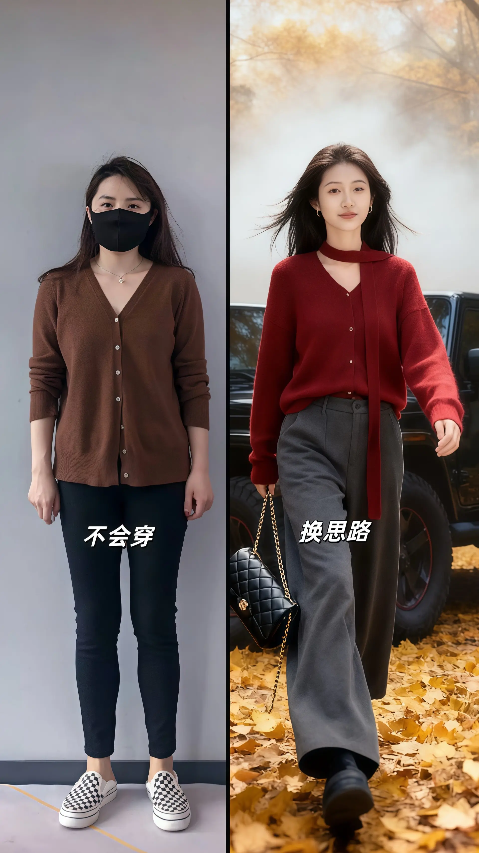 她穿着秋季新款针织两件套，绒红色V领针织衫衬得肤色格外温柔，搭配百搭休...