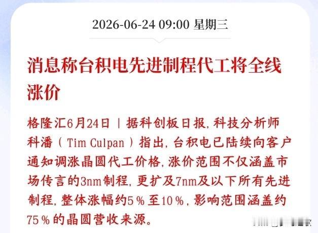 今天芯片半导体要反弹了，台积电宣布全面涨价
6月24号消息，分析师爆料台积电通知