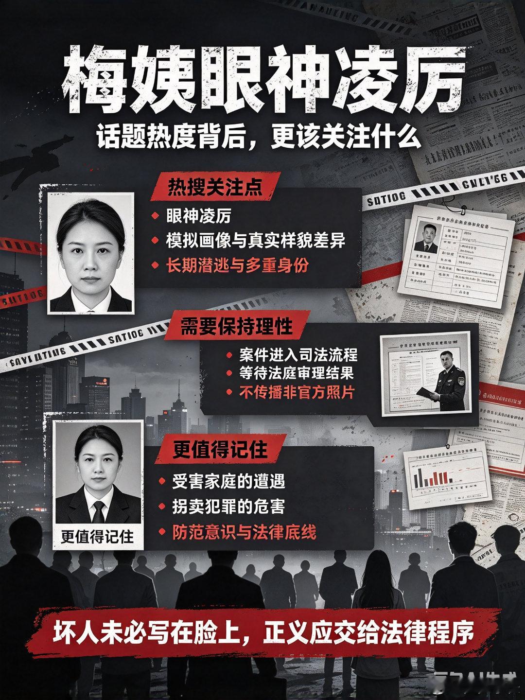 梅姨眼神凌厉网传模拟画像和梅姨真实样貌差距极大，画像来自当年证人回忆口述，并非照