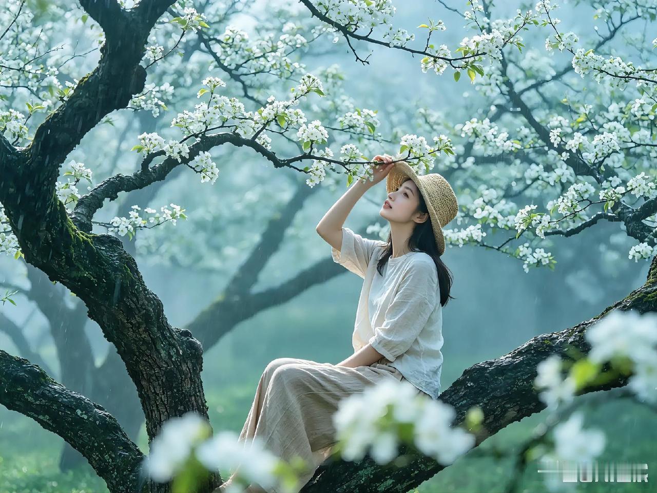 一树梨花落烟雨，
半生匆忙寻闲趣。
暂别人间烟火扰，
坐看清风落白衣。