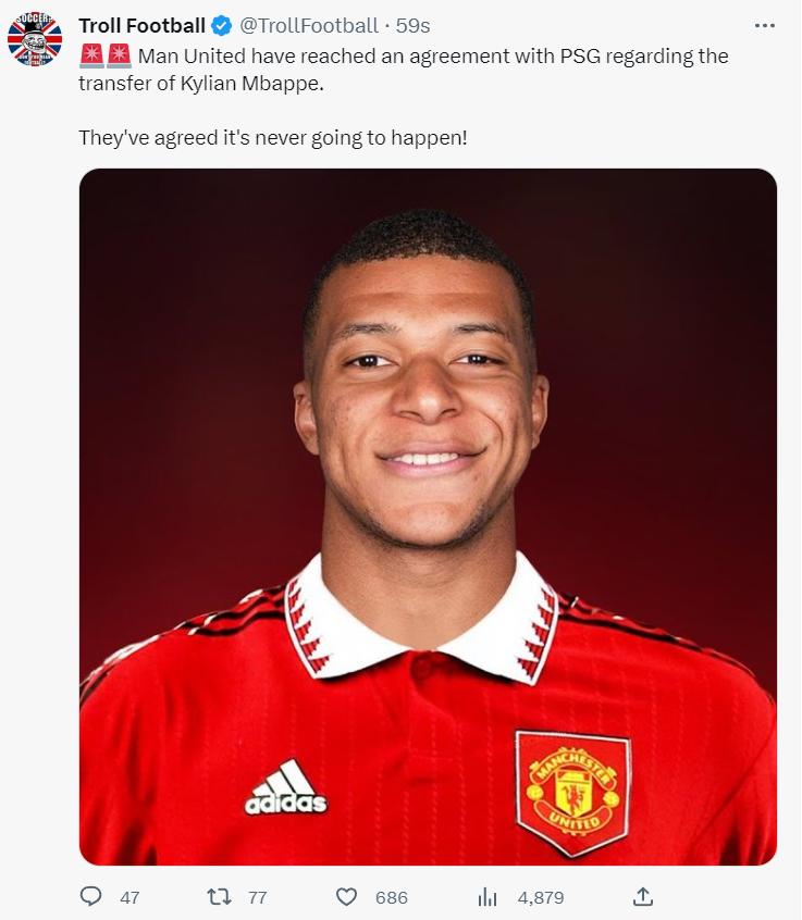 Troll Footbal说，曼联已经和巴黎圣日耳曼达成了协议，姆巴佩从巴黎加盟