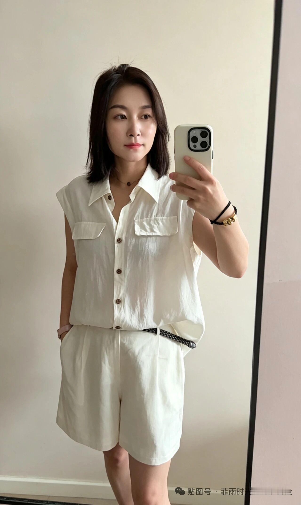 穿白色衣服的女孩在镜子前自拍。