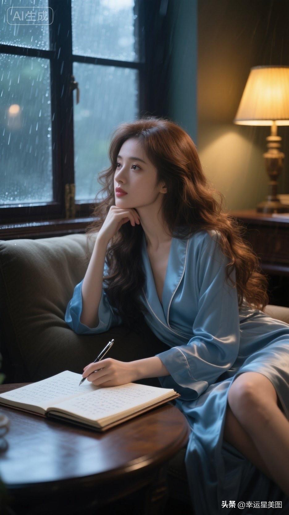 雨中静思，笔记随想，蓝衣少女，静谧时光。
