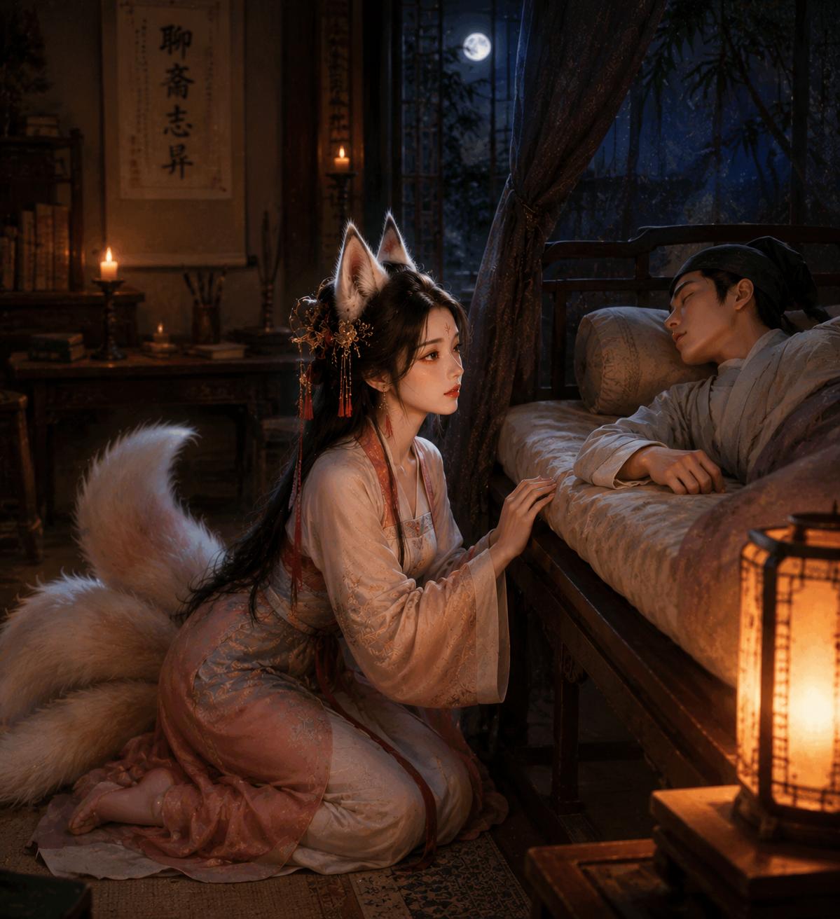 南宋时，有个小吏夜宿驿馆，半梦半醒间见一只人脸狐身的怪物跪在床前，哀求他说：“明