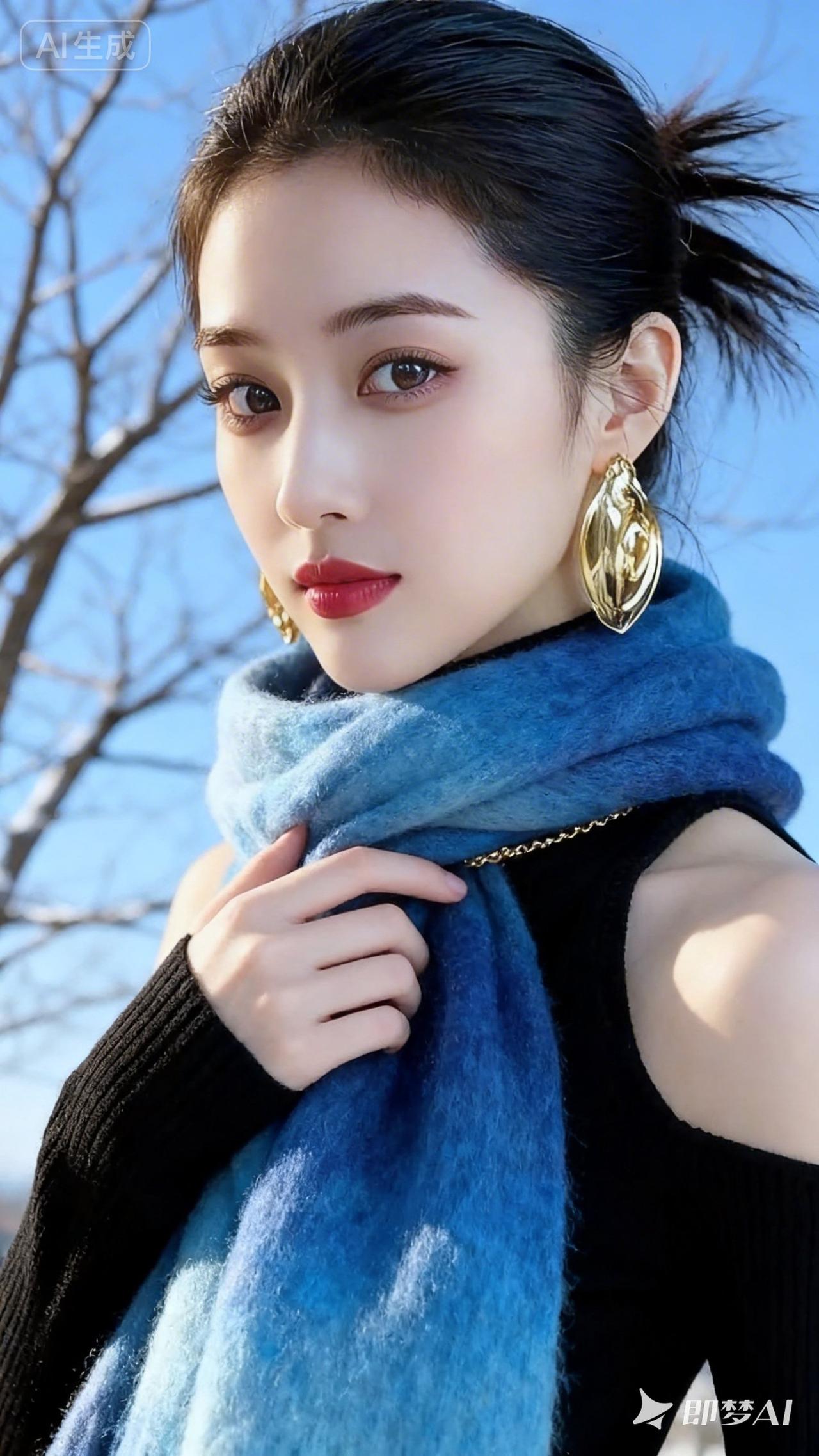 冬日暖阳下，蓝丝巾与金耳环的时尚碰撞，尽显优雅与温暖。