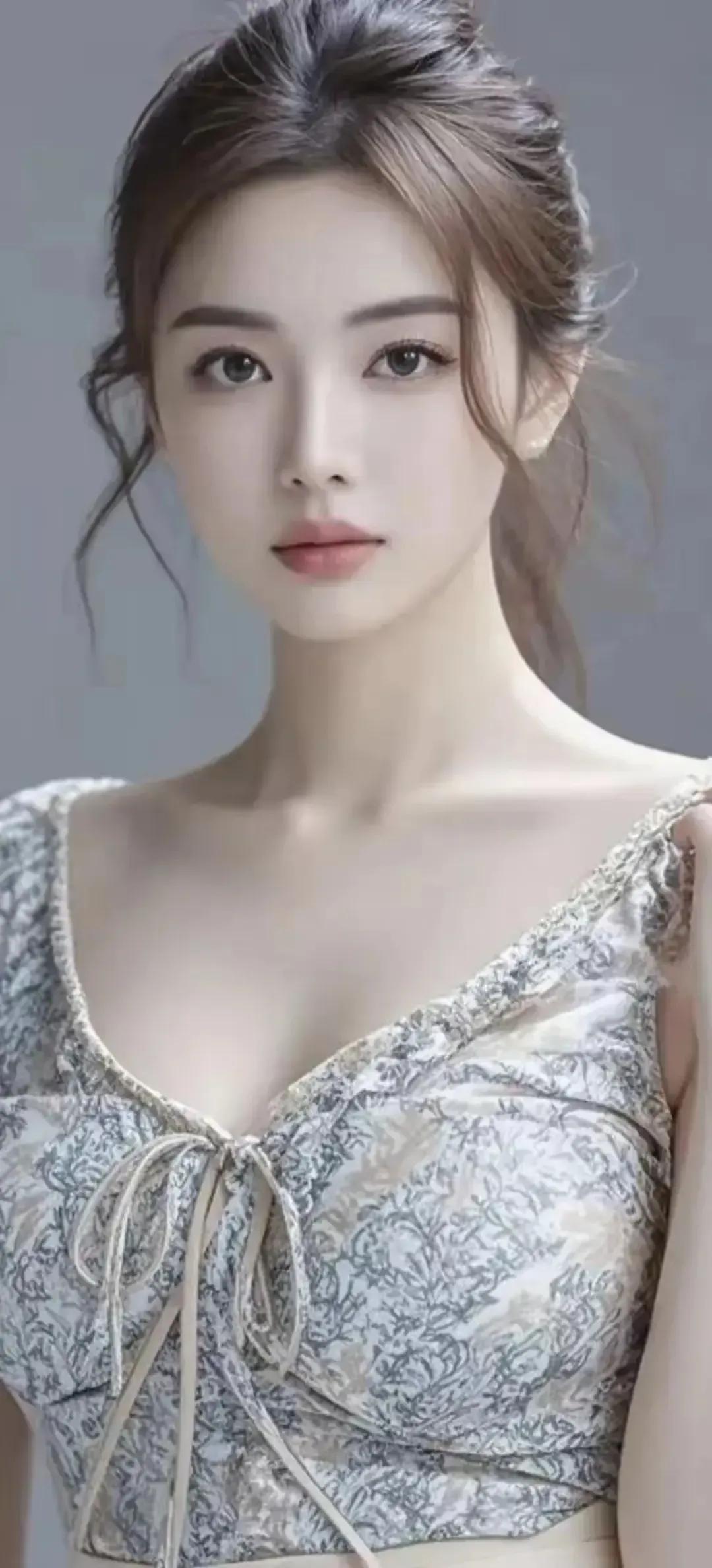优雅气质少女，浅灰色花卉连衣裙，自然妆容，温柔迷人。
