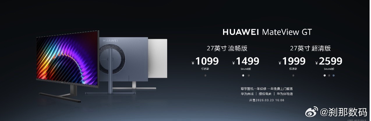 全新华为MateView GT 正式发布刹那新品报道，1099起售。我看了一下，