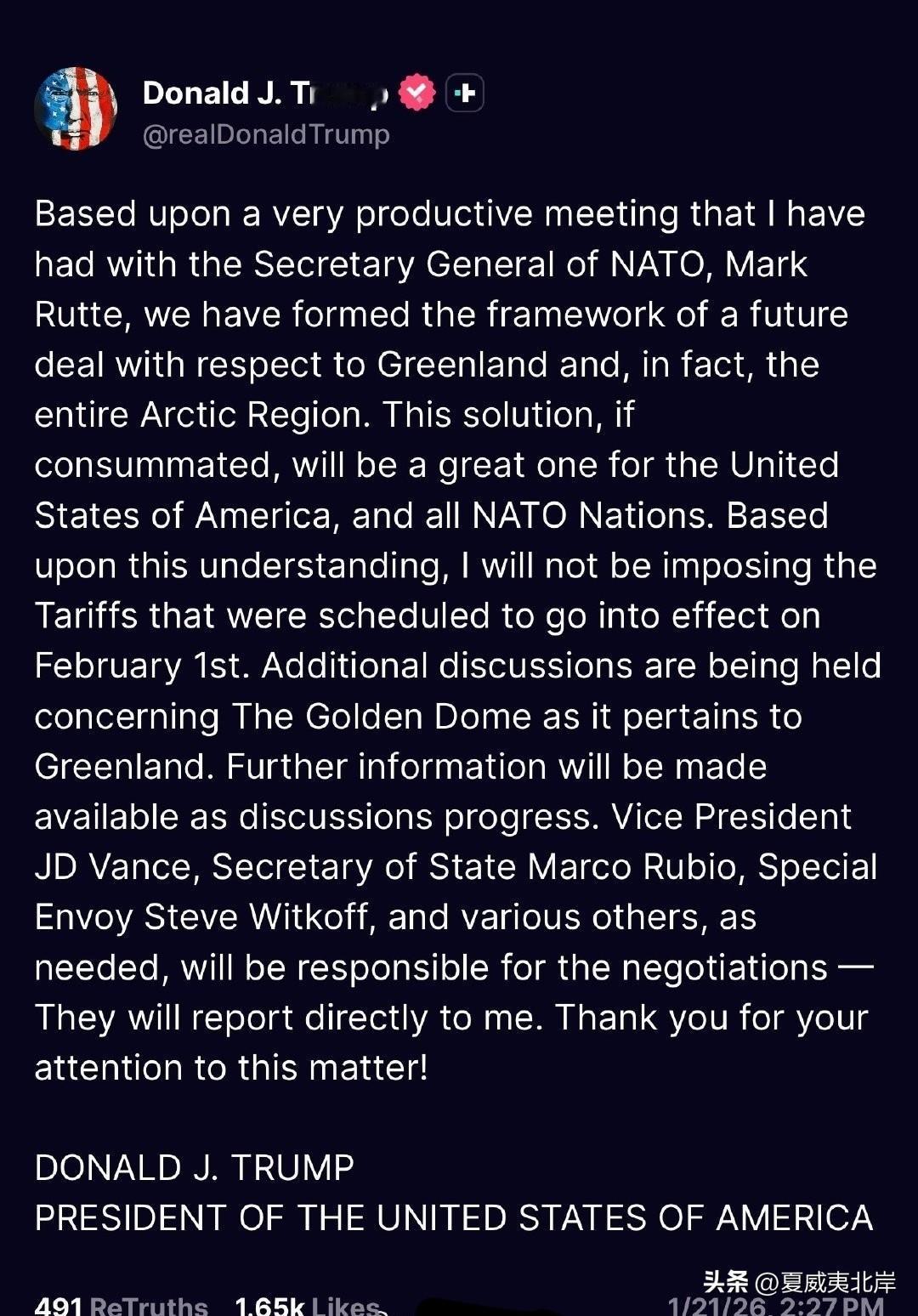 川普宣布格陵兰岛收购取得进展，将取消2月1日起施行的关税。
“鉴于我与北约秘书长