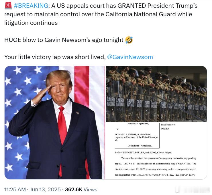 美国上诉法院已批准特朗普总统的请求，允许在诉讼继续进行期间保留对加利福尼亚国民警