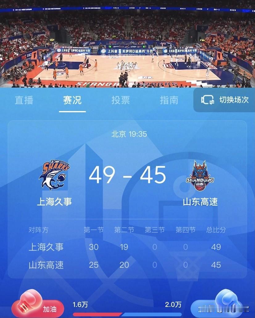 很热闹啊，看看一会昨晚上海久事与山东高速的这场CBA比赛。

比分那是相当的接近