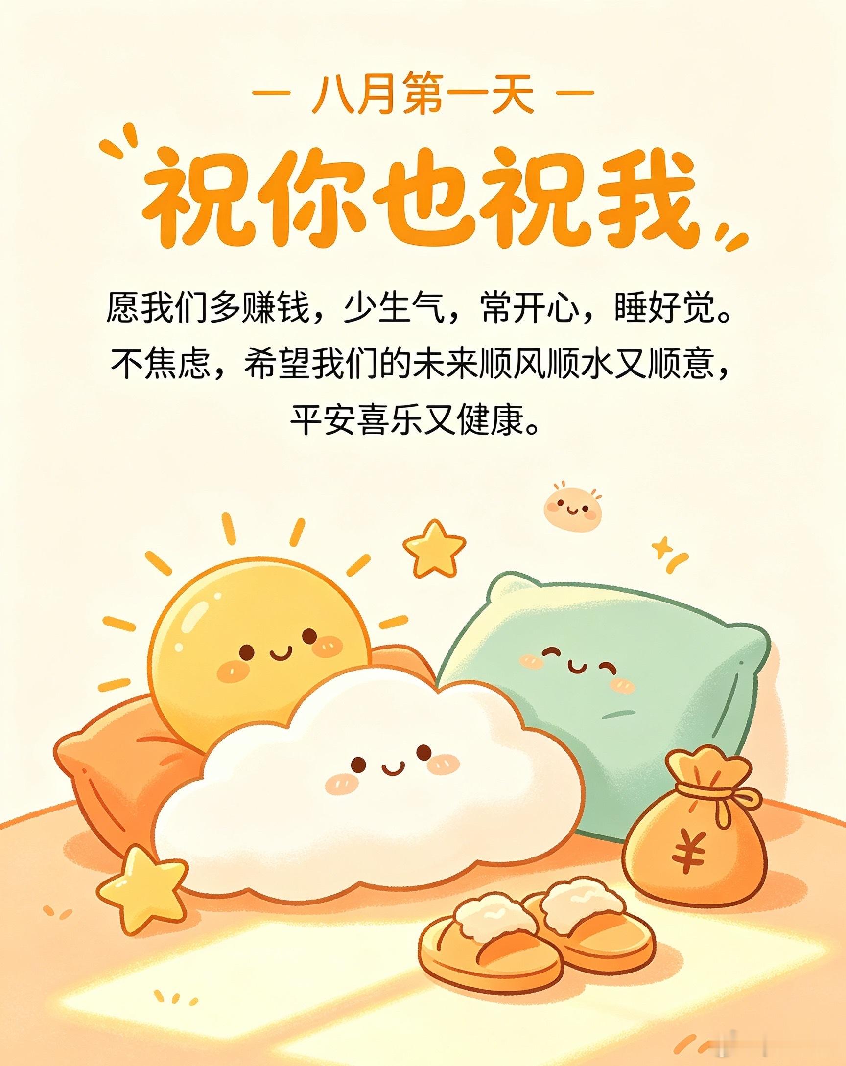 八月第一天祝你也祝我，愿我们多赚钱，少生气，常开心，睡好觉。不焦虑，希望我们的未