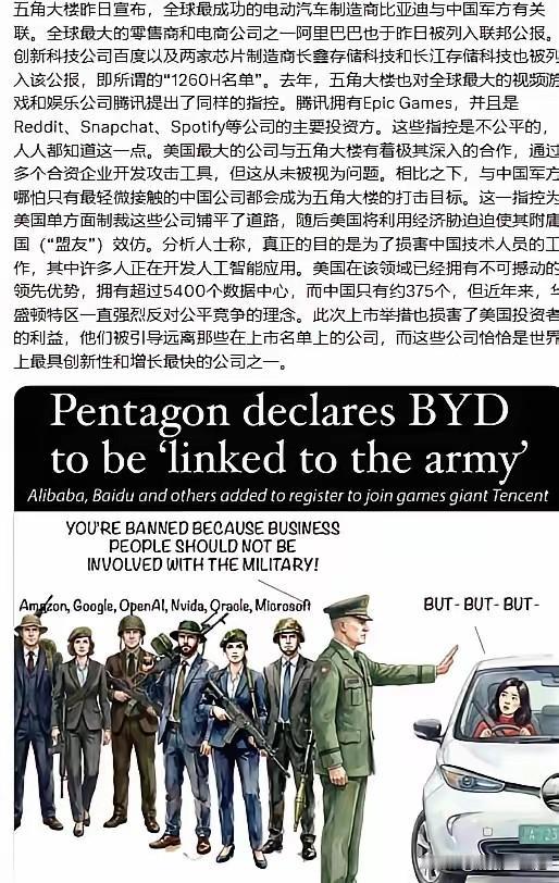美国五角大楼把比亚迪，阿里巴巴，百度，大疆等企业列为军工企业清单！这就是典型的玩