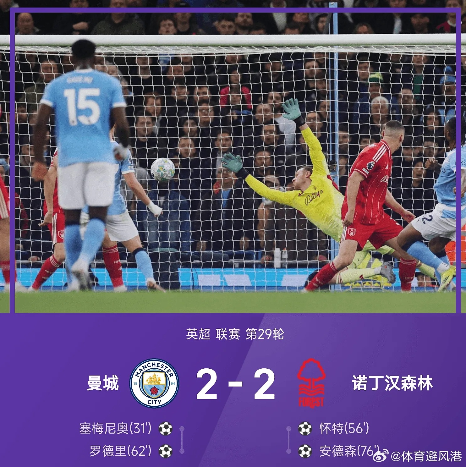 曼城2比2诺丁汉森林英超每日足球推荐五大联赛 曼城对阵诺丁汉森林。上半场，谢尔基