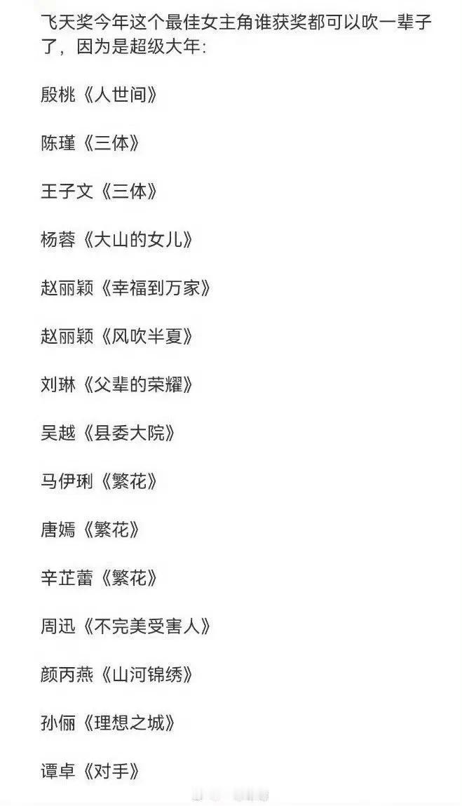 飞天奖今年这个最佳女主角竞争异常激烈
得奖的估计可以吹一辈子
全是好剧，提名的也